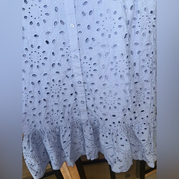 H&M eyelet embroidered mini dress ruffle dusty blue slate a-line flutter sleeve - Picture 4 of 5